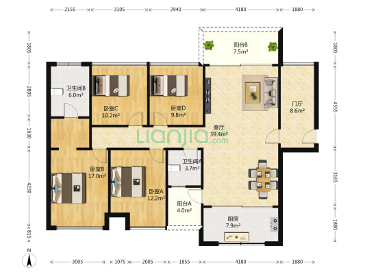 万科千林山居三期（万科清林径） 4室1厅2卫 132平方