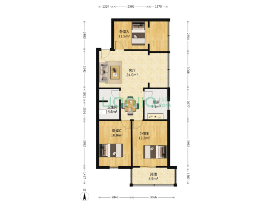 蓝天路1号 3室1厅1卫 96平方