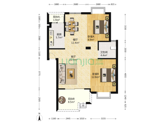 未来海岸 2室2厅1卫 96平方