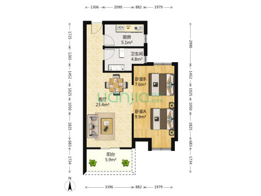 开来都市丰景 2室1厅1卫 80平方