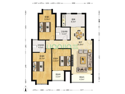盘门景园 3室1厅2卫 123平方