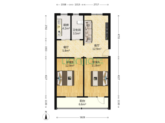 岭南路36号院 2室2厅1卫 72平方