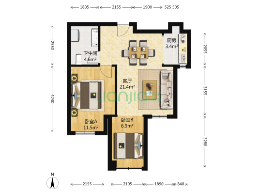 东北明珠 2室1厅1卫 76平方
