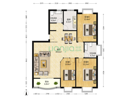 银河小区 3室1厅2卫 129平方