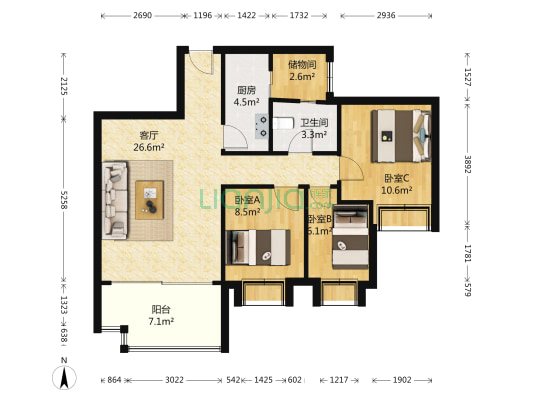 豪方悠然居 3室1厅1卫 85平方