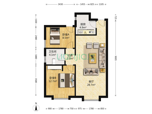 升龙汇金中心 2室1厅1卫 88平方