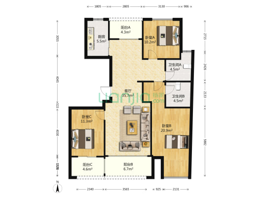 亿丰蔚蓝郡 3室1厅2卫 132平方