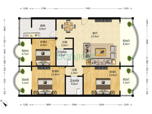 园中苑(锦江) 3室1厅2卫 144平方