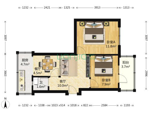 万兴街2号 2室2厅1卫 53平方