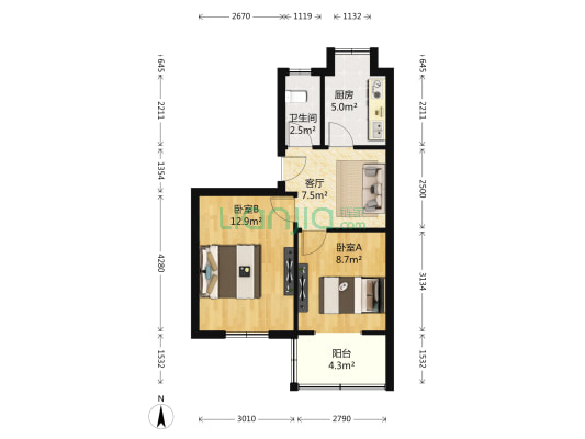 中储花园 2室1厅1卫 55平方