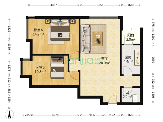 富力城D区 2室1厅1卫 88平方