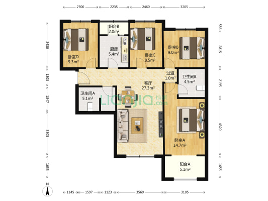 红木林北区 4室1厅2卫 104平方