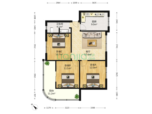 正北中街114号 3室1厅1卫 92平方
