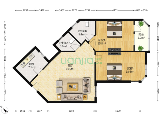 百合花苑 2室1厅2卫 126平方