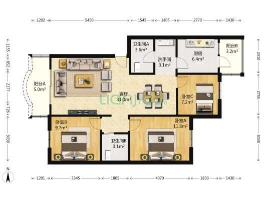 奇灵欣园 3室1厅3卫 106平方