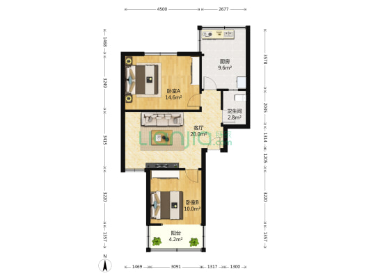 百花东街52号 2室1厅1卫 72平方
