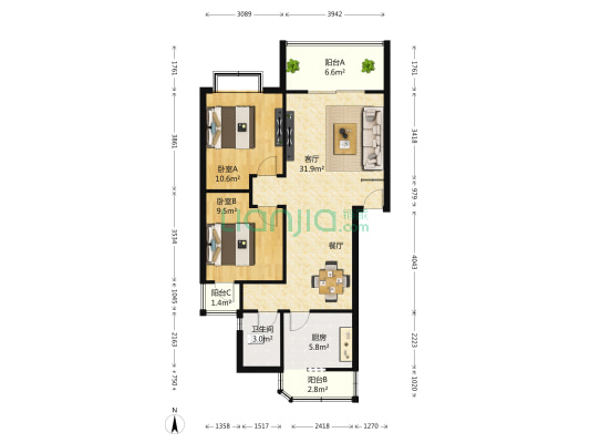 天地晨光丽景 2室1厅1卫 89平方