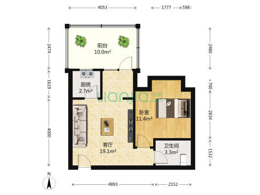 中天花园 1室1厅1卫 48平方
