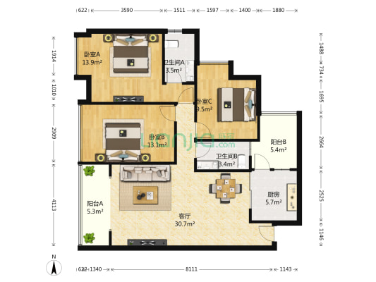 香博城 3室1厅2卫 116平方