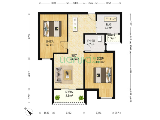 金地天悦 2室1厅1卫 91平方