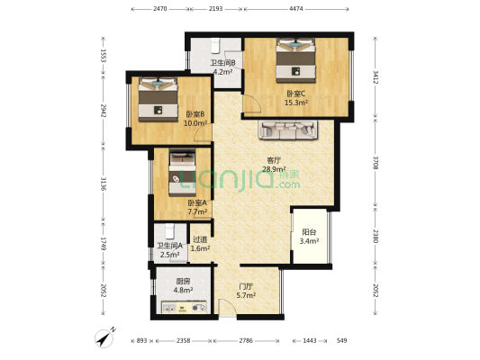 西财学府阳光 3室1厅2卫 100平方