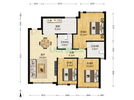 首信汇 3室1厅2卫 92平方