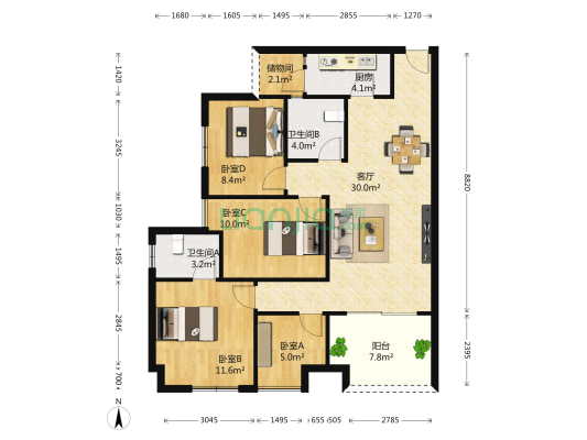 同创九著院 4室1厅2卫 88平方