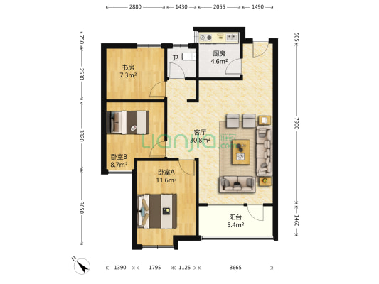 绿地中央广场C区 3室1厅1卫 89平方