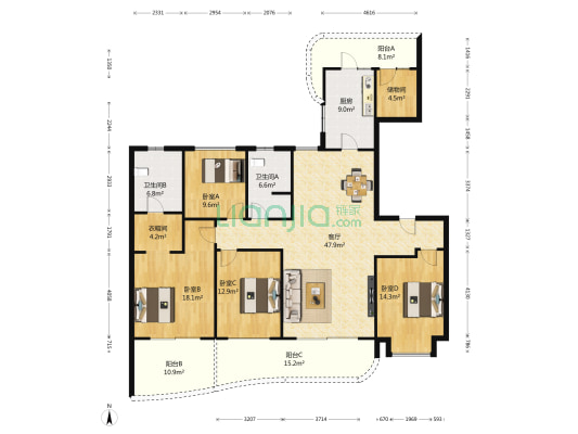天投北鑫苑南区 4室1厅2卫 180平方