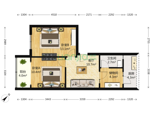 外化成五里墩中一巷7号 2室1厅1卫 54平方