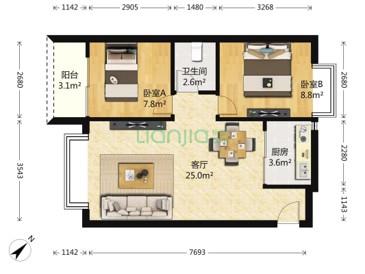 卡罗社区 2室1厅1卫 69平方