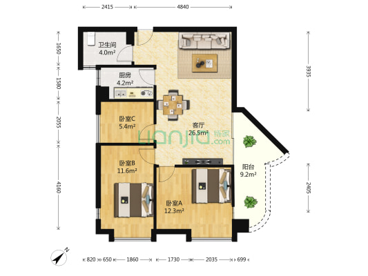 新市花园二区 3室1厅1卫 90平方