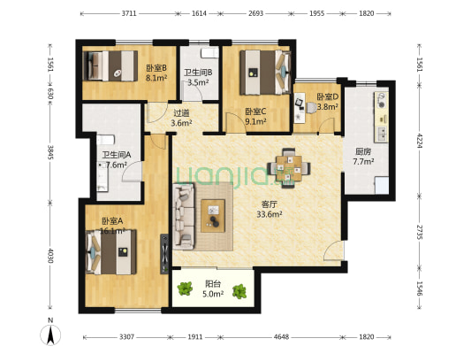 融科天城4期 4室1厅2卫 152平方