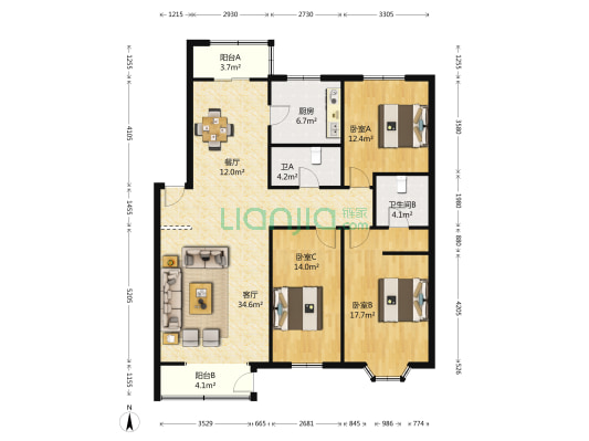 鑫科苑 3室2厅2卫 148平方