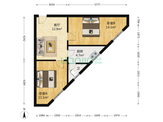 外化成五里墩东街143号 2室1厅1卫 55平方