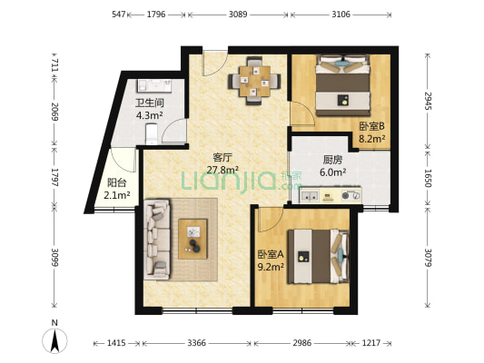 乾豪新界 2室1厅1卫 75平方