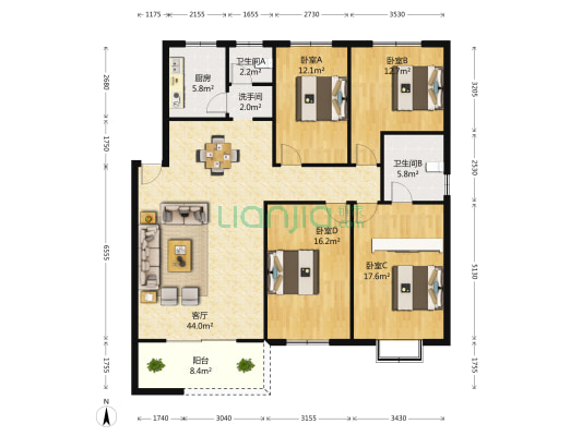 高升家园A区 4室1厅3卫 142平方