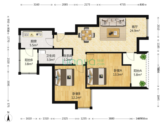 蓝谷地一二期 2室1厅2卫 91平方