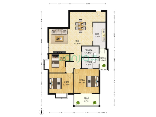 光华杏林 3室1厅2卫 120平方