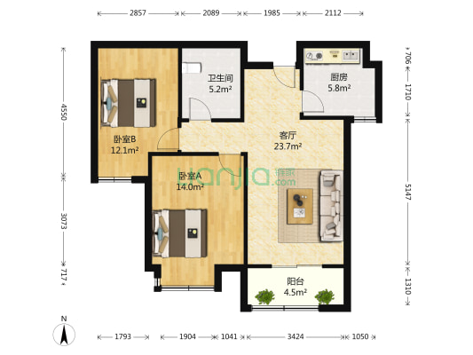 海信湖岛世家 2室1厅1卫 87平方