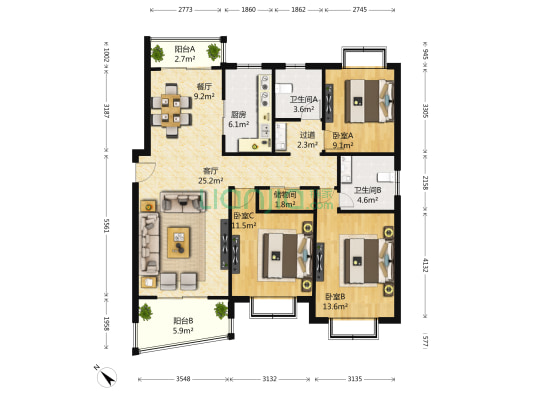 峥宸苑 3室2厅2卫 136平方