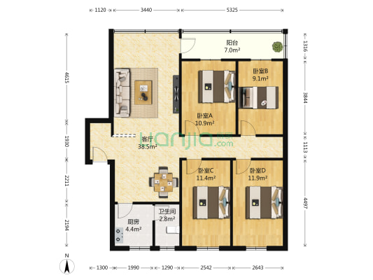 华源大厦 4室1厅1卫 115平方