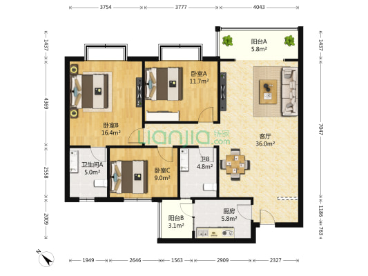 花香庭园 3室1厅2卫 112平方