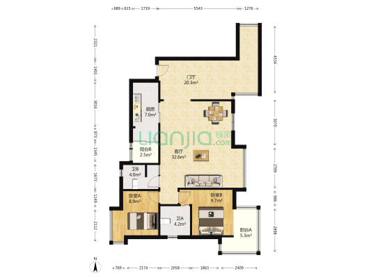 海骏达蜀都1号一期北区 2室1厅2卫 89平方
