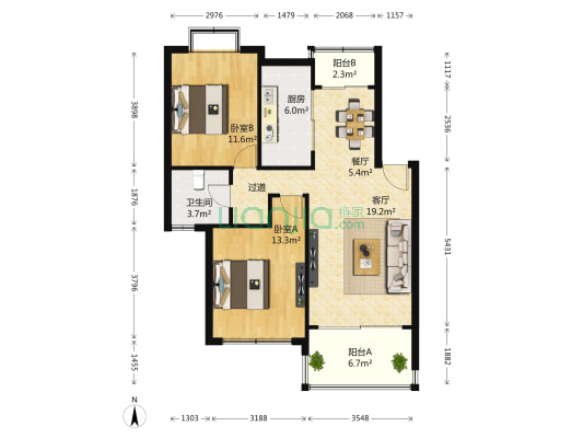 上海家园 2室2厅1卫 92平方