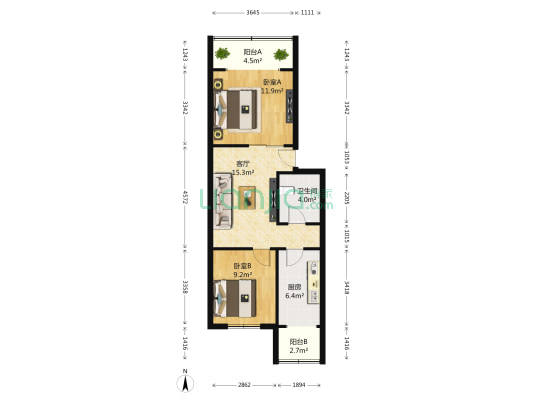 外化成五里墩东二巷4号院 2室1厅1卫 62平方