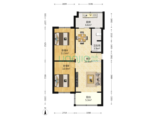 中鹏花园B区 2室1厅1卫 77平方