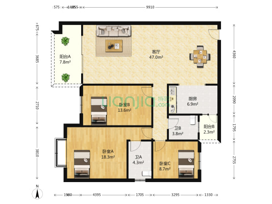绿茵豪庭A区 3室1厅2卫 131平方