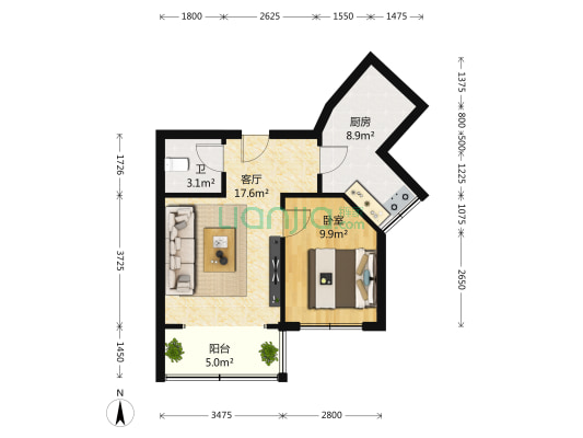 上东花园1组团 1室1厅1卫 50平方
