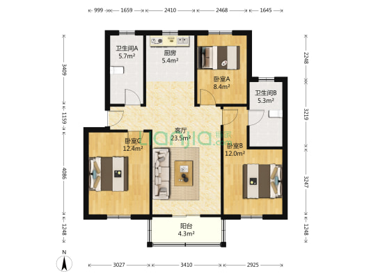 莲花新村二区 3室1厅2卫 99平方
